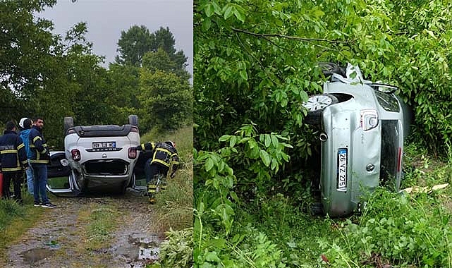 İki araç kaygan zeminde takla attı