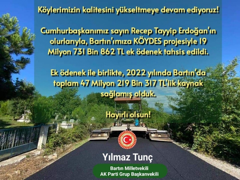 Bartın’a 19,7 milyon TL ek KÖYDES ödeneği